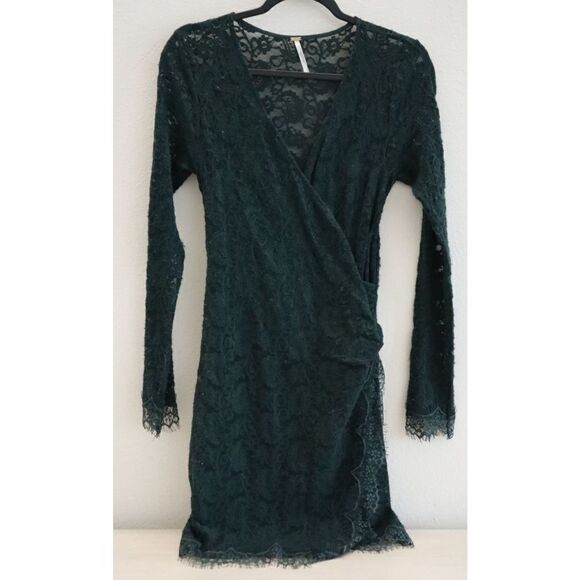 Free People OB1403618 Women Sz S Deepest Spruce Green Pearl Lace Mini Dress - Picture 1 of 15